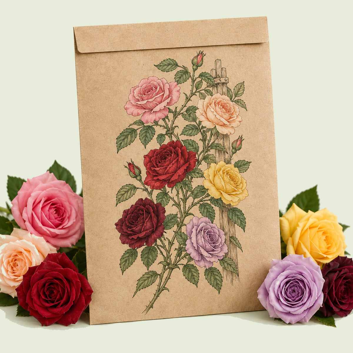 Kraft seed packet illustrated with Climbing Rose, with fresh Climbing Rose beside it