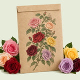 Kraft seed packet illustrated with Climbing Rose, with fresh Climbing Rose beside it