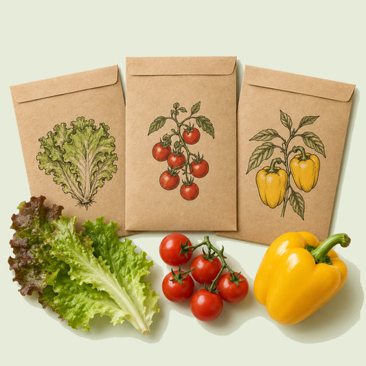 Kraft seed packet illustrated with Coastal California Garden Seed Bundle, with fresh Coastal California Garden Seed Bundle beside it