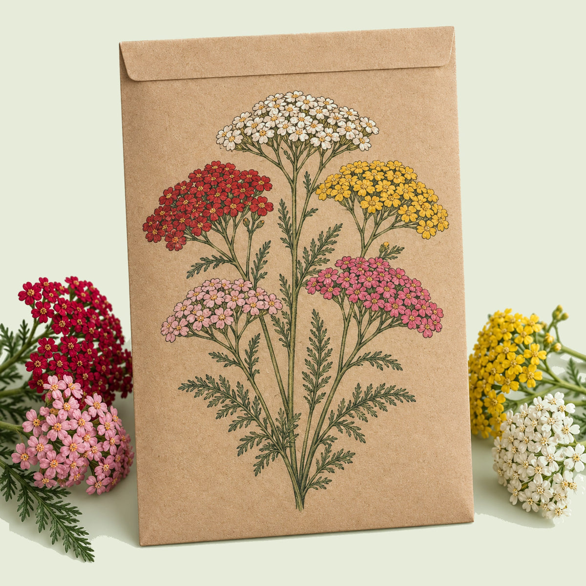 Kraft seed packet illustrated with Colorado Blend Yarrow, with fresh Colorado Blend Yarrow beside it