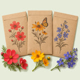 Kraft seed packet illustrated with Colorful Flower Seed Bundle, with fresh Colorful Flower Seed Bundle beside it