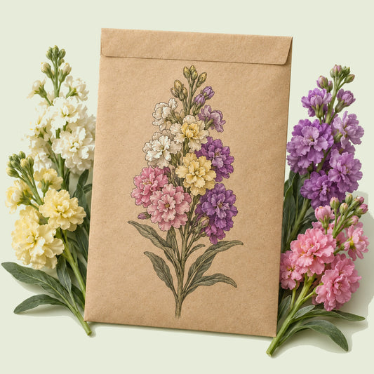 Kraft seed packet illustrated with Column Blend Stock, with fresh Column Blend Stock beside it