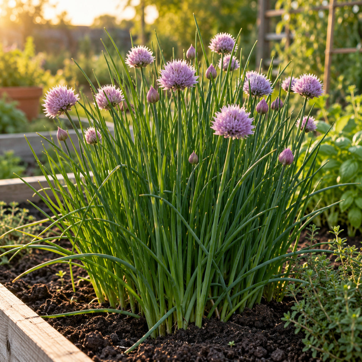 Common Chives Herb Seeds growing in a home garden