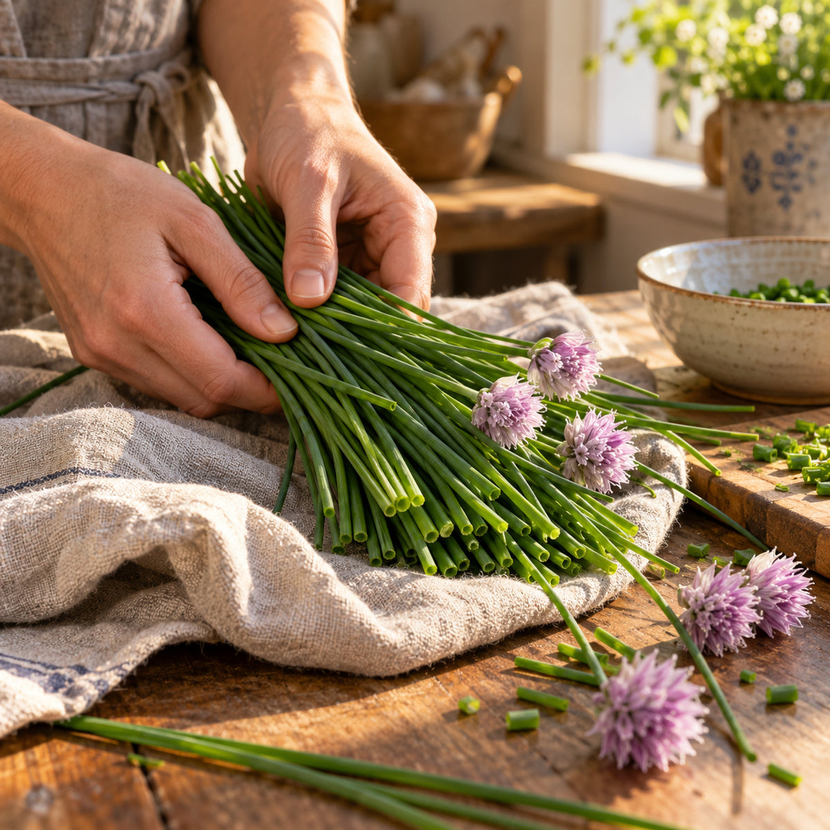 Common Chives Herb Seeds harvest up close