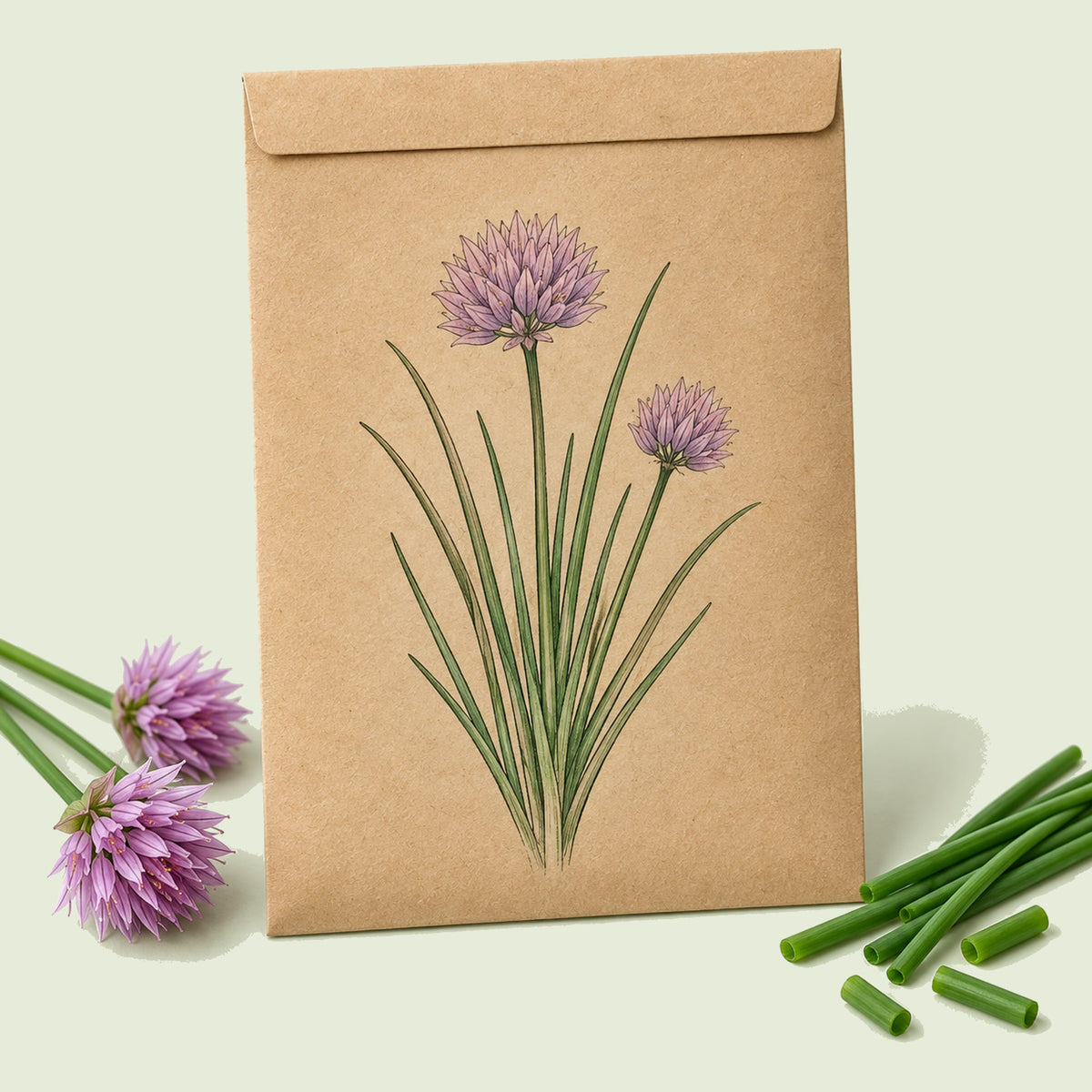 Kraft seed packet illustrated with Common Chives Herb, with fresh Common Chives Herb beside it
