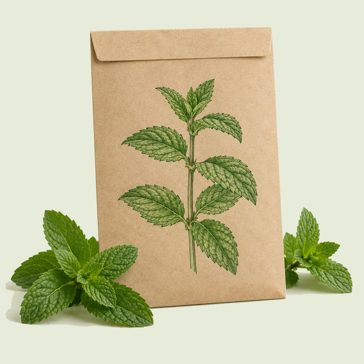 Kraft seed packet illustrated with Common Mint, with fresh Common Mint beside it