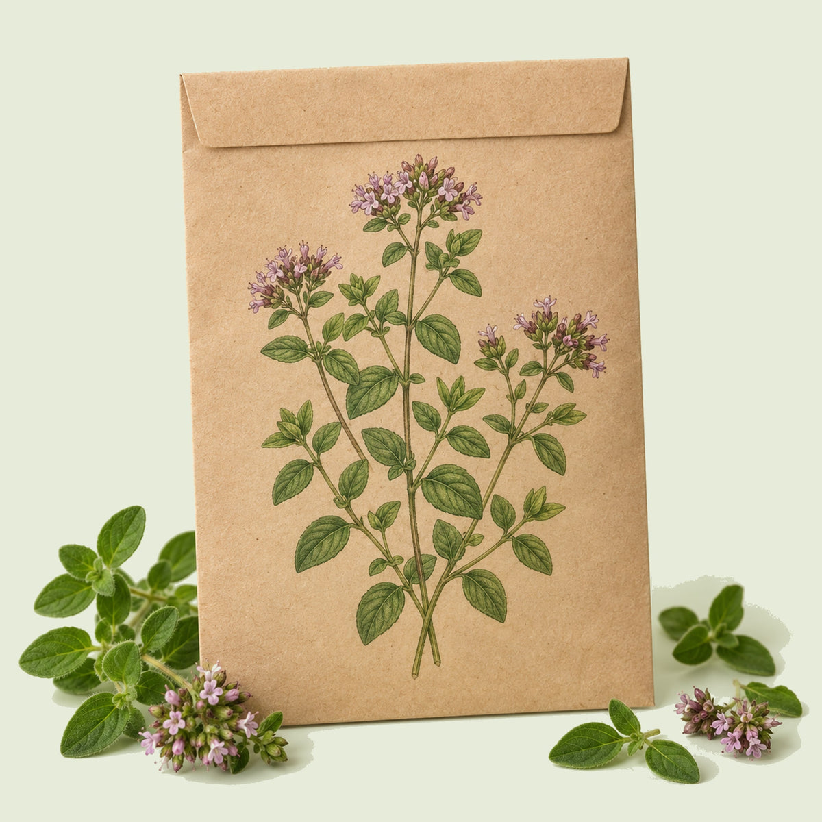 Kraft seed packet illustrated with Common Oregano, with fresh Common Oregano beside it