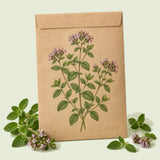 Kraft seed packet illustrated with Common Oregano, with fresh Common Oregano beside it