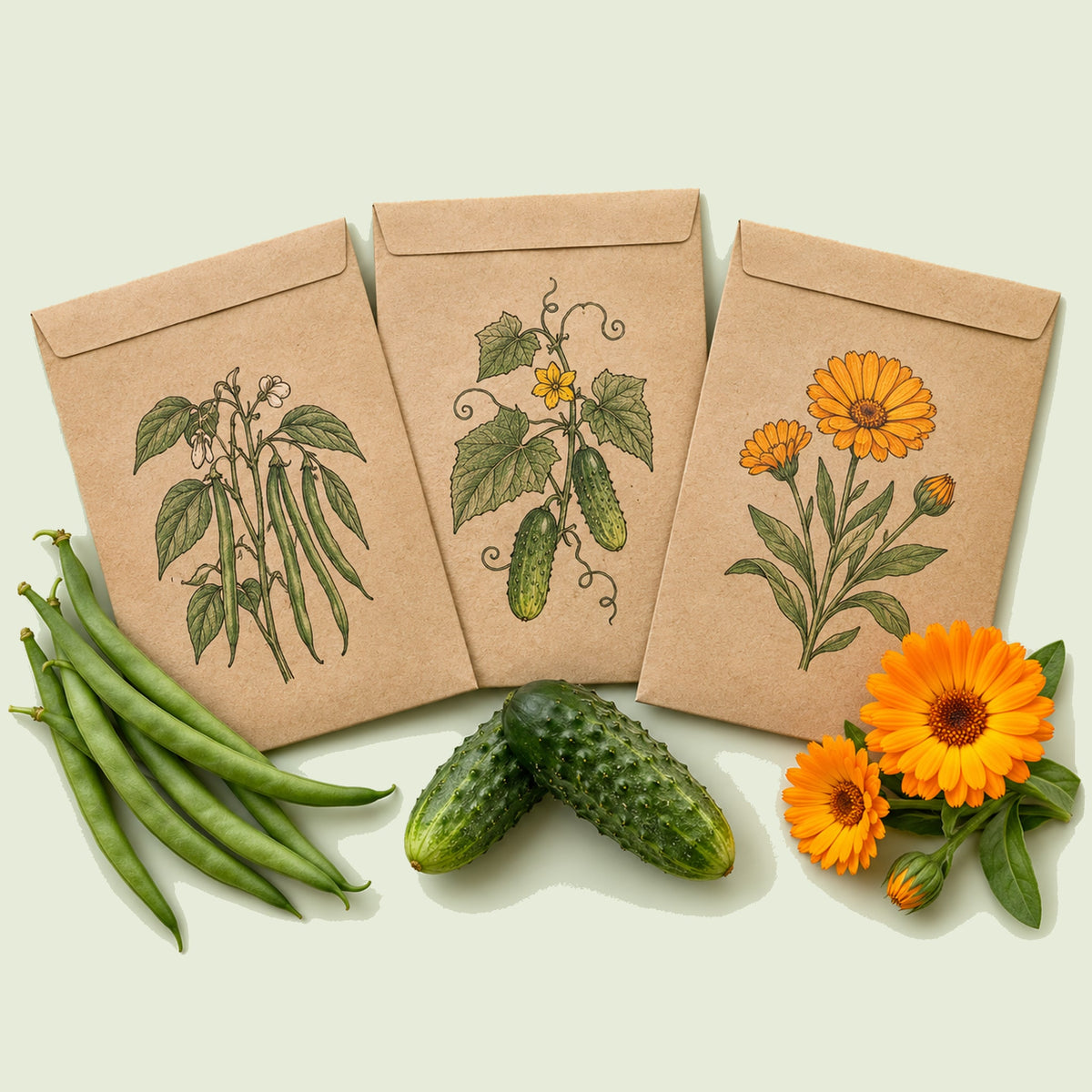 Kraft seed packet illustrated with Container Garden Seed Bundle, with fresh Container Garden Seed Bundle beside it