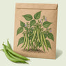 Kraft seed packet illustrated with Contender Bush Bean, with fresh Contender Bush Bean beside it
