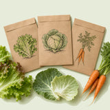 Kraft seed packet illustrated with Cool Season Garden Seed Bundle, with fresh Cool Season Garden Seed Bundle beside it