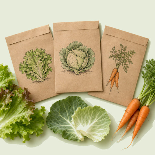 Kraft seed packet illustrated with Cool Season Garden Seed Bundle, with fresh Cool Season Garden Seed Bundle beside it