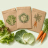 Kraft seed packet illustrated with Cool Season Garden Seed Bundle, with fresh Cool Season Garden Seed Bundle beside it