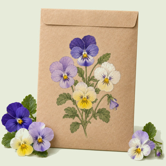 Kraft seed packet illustrated with Cool Summer Breeze Viola, with fresh Cool Summer Breeze Viola beside it