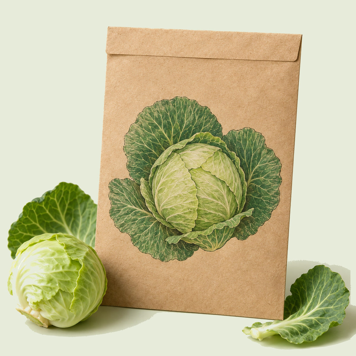 Kraft seed packet illustrated with Copenhagen Market Cabbage, with fresh Copenhagen Market Cabbage beside it