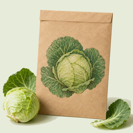 Kraft seed packet illustrated with Copenhagen Market Cabbage, with fresh Copenhagen Market Cabbage beside it