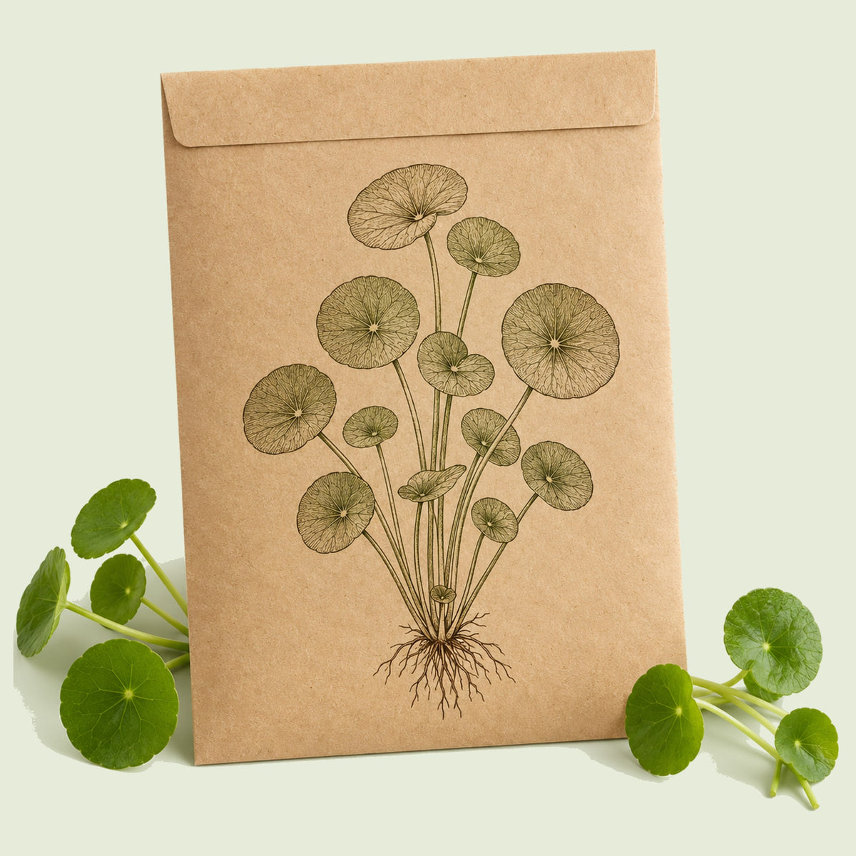 Kraft seed packet illustrated with Copper Coin Grass, with fresh Copper Coin Grass beside it