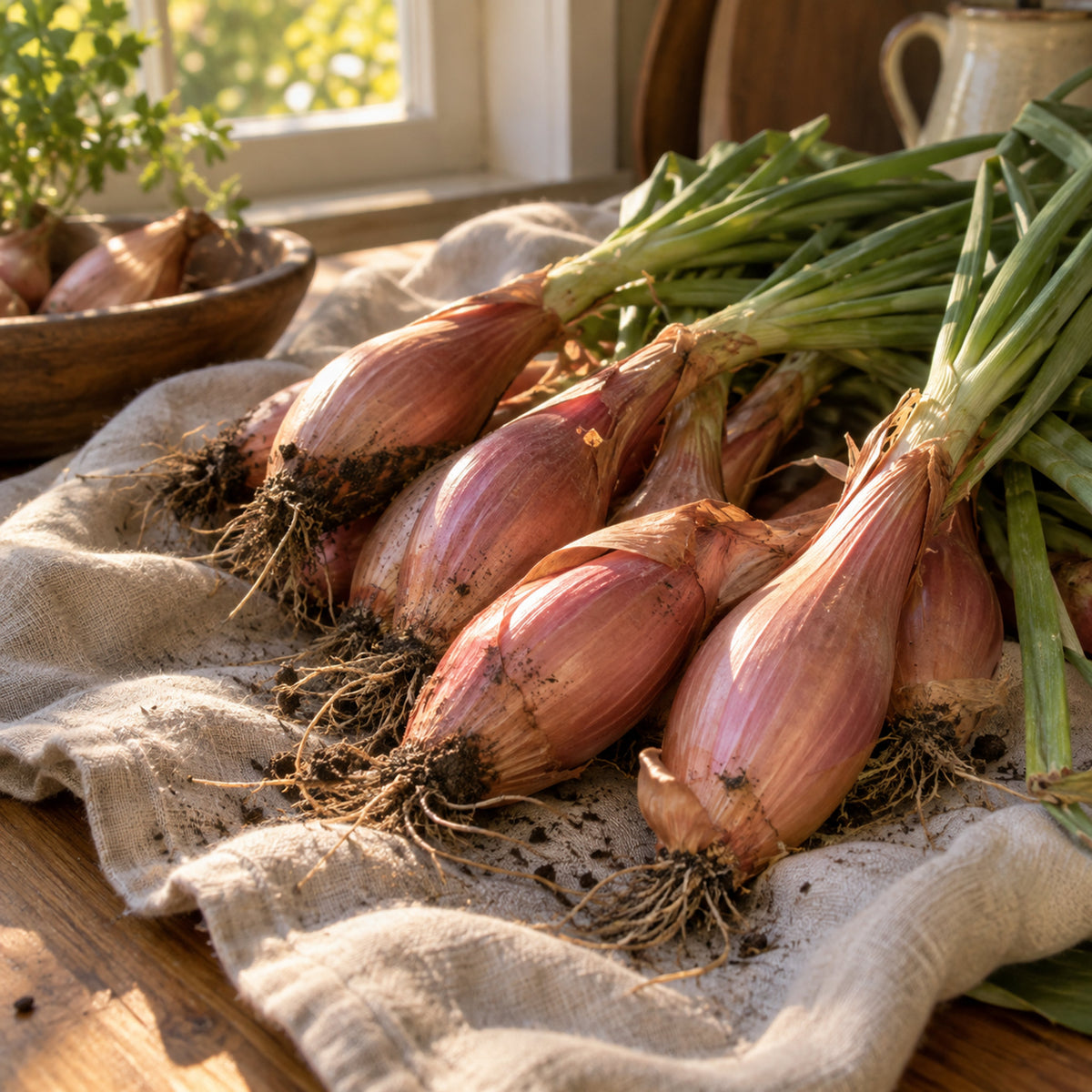 Copper Pink Shallot Onion Seeds harvest up close