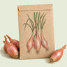 Kraft seed packet illustrated with Copper Pink Shallot Onion, with fresh Copper Pink Shallot Onion beside it