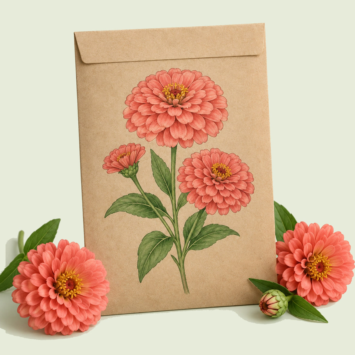 Kraft seed packet illustrated with Coral Zinnia, with fresh Coral Zinnia beside it