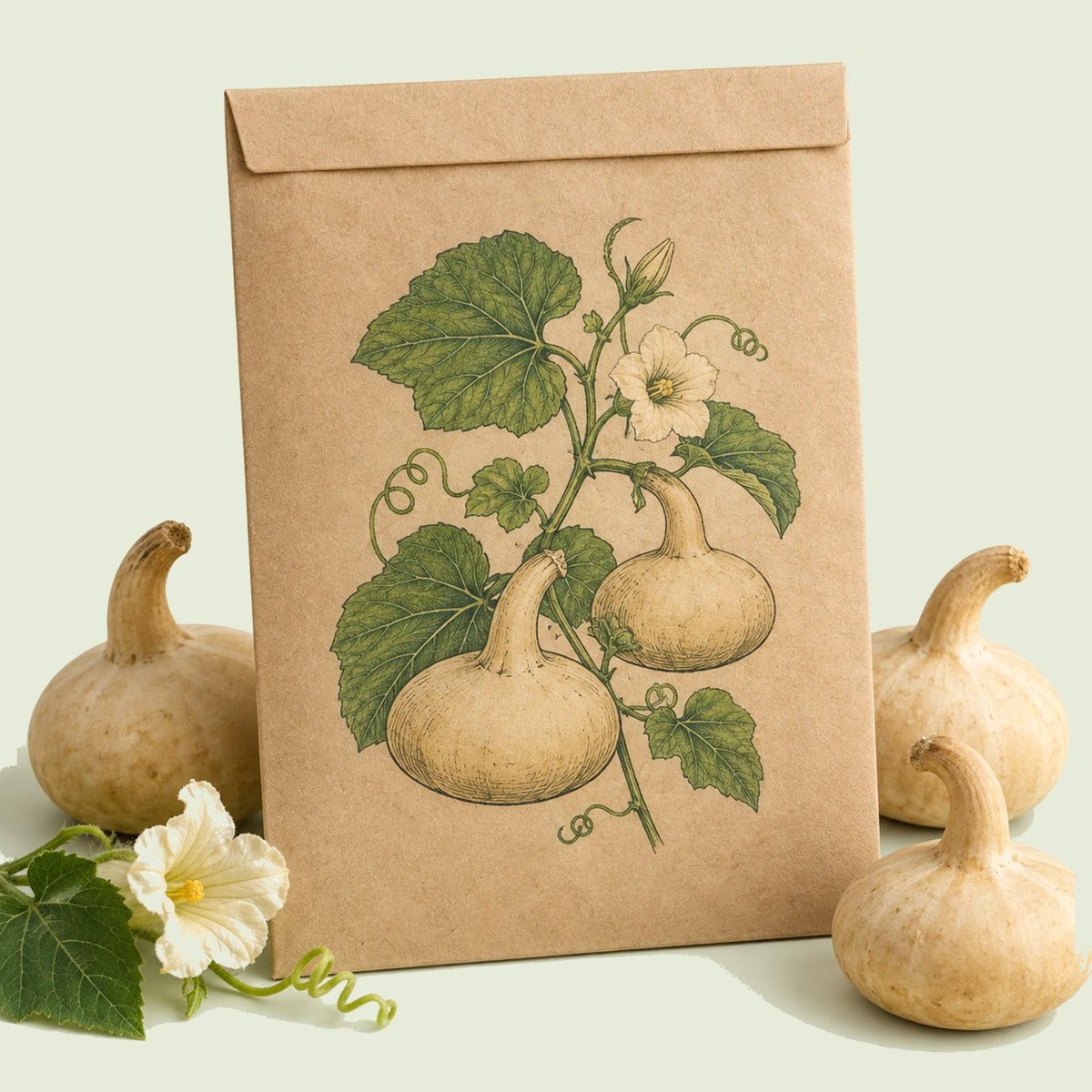 Kraft seed packet illustrated with Corsican Hard-Shelled Gourd, with fresh Corsican Hard-Shelled Gourd beside it