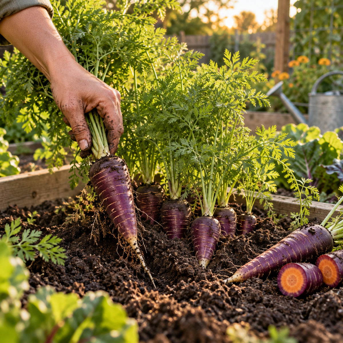 Cosmic Purple Carrot Seeds growing in a home garden