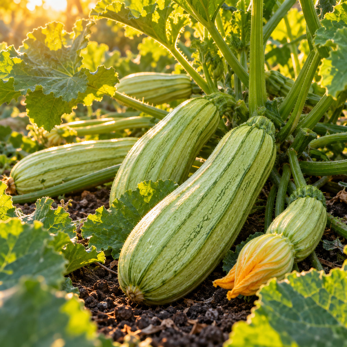 Costata Romanesco Summer Squash Seeds growing in a home garden