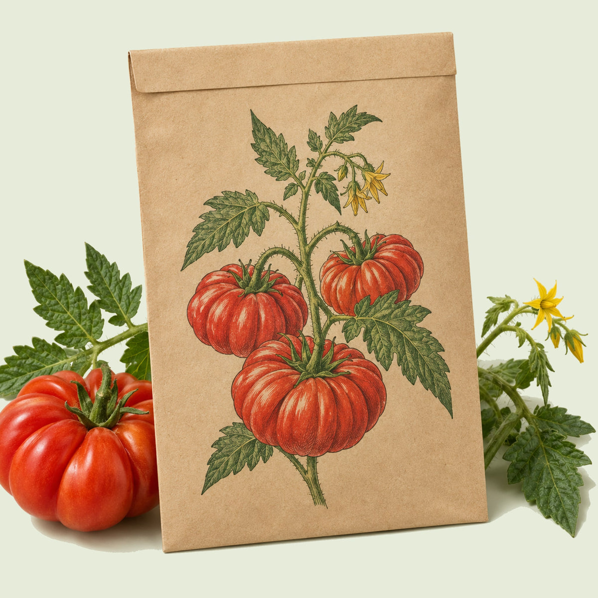 Kraft seed packet illustrated with Costoluto Genovese Tomato, with fresh Costoluto Genovese Tomato beside it