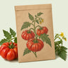 Kraft seed packet illustrated with Costoluto Genovese Tomato, with fresh Costoluto Genovese Tomato beside it