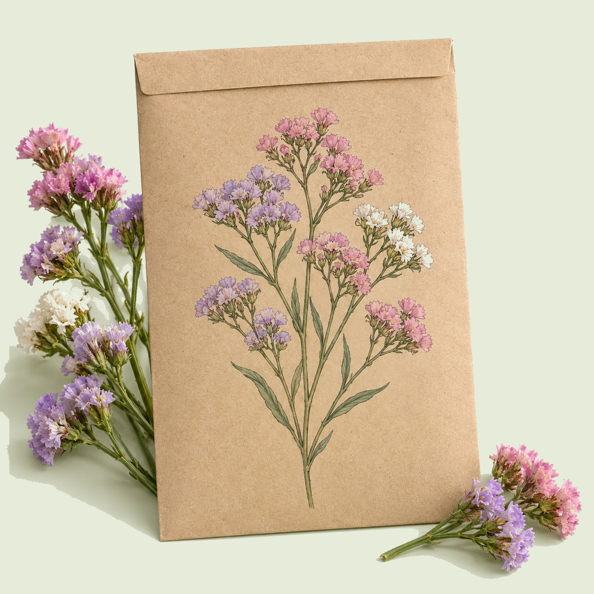 Kraft seed packet illustrated with Cotton Candy Blend Statice, with fresh Cotton Candy Blend Statice beside it