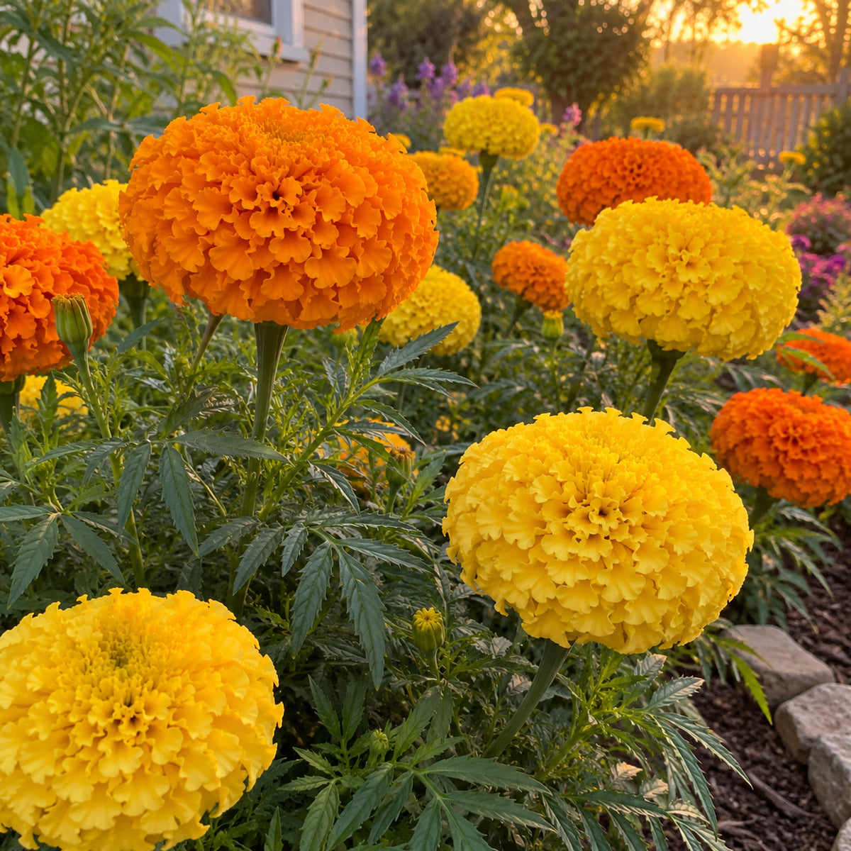 Crackerjack African Marigold Flower Seeds growing in a home garden
