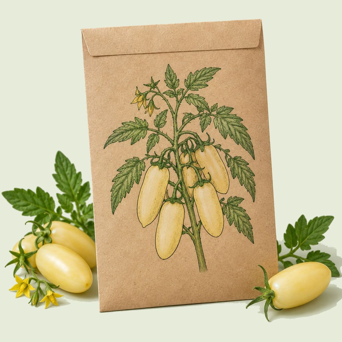 Kraft seed packet illustrated with Cream Sausage Bush Tomato, with fresh Cream Sausage Bush Tomato beside it