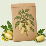 Kraft seed packet illustrated with Cream Sausage Bush Tomato, with fresh Cream Sausage Bush Tomato beside it