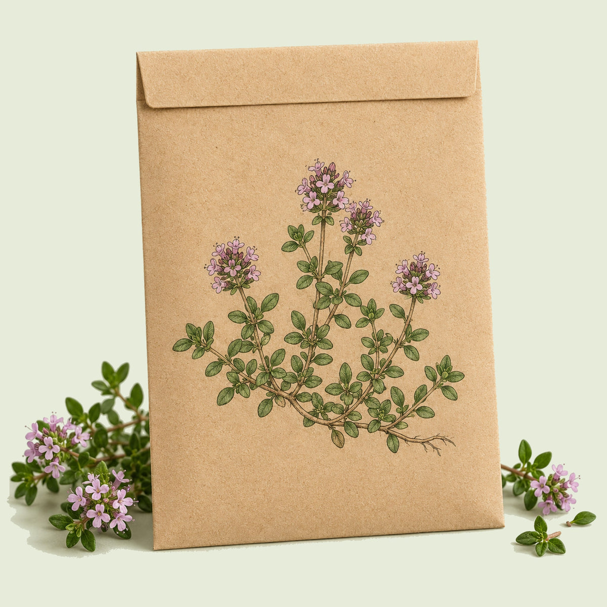 Kraft seed packet illustrated with Creeping Thyme, with fresh Creeping Thyme beside it
