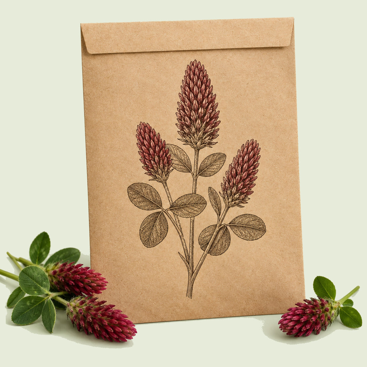 Kraft seed packet illustrated with Crimson Clover Cover Crop, with fresh Crimson Clover Cover Crop beside it