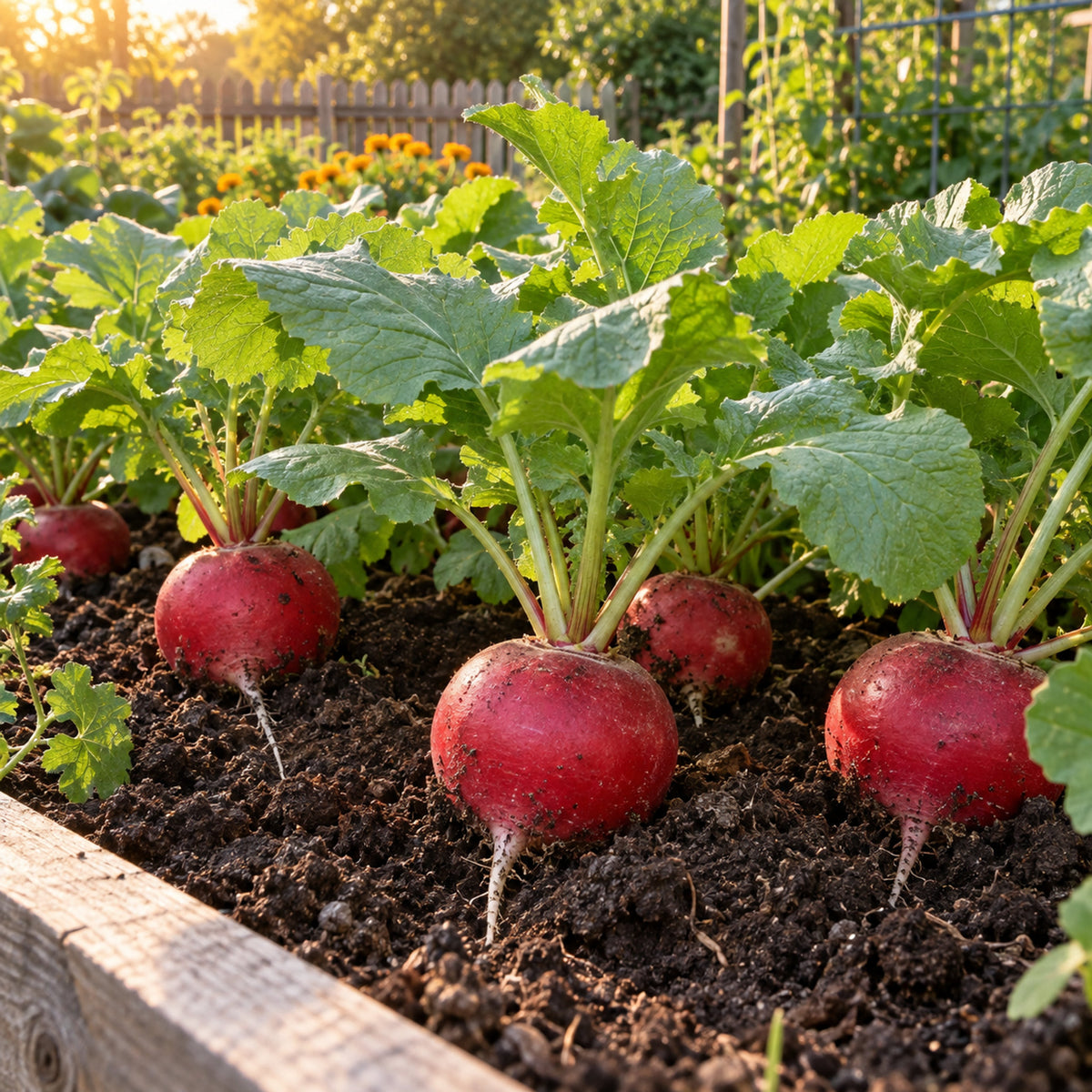 Crimson Giant Radish Seeds growing in a home garden