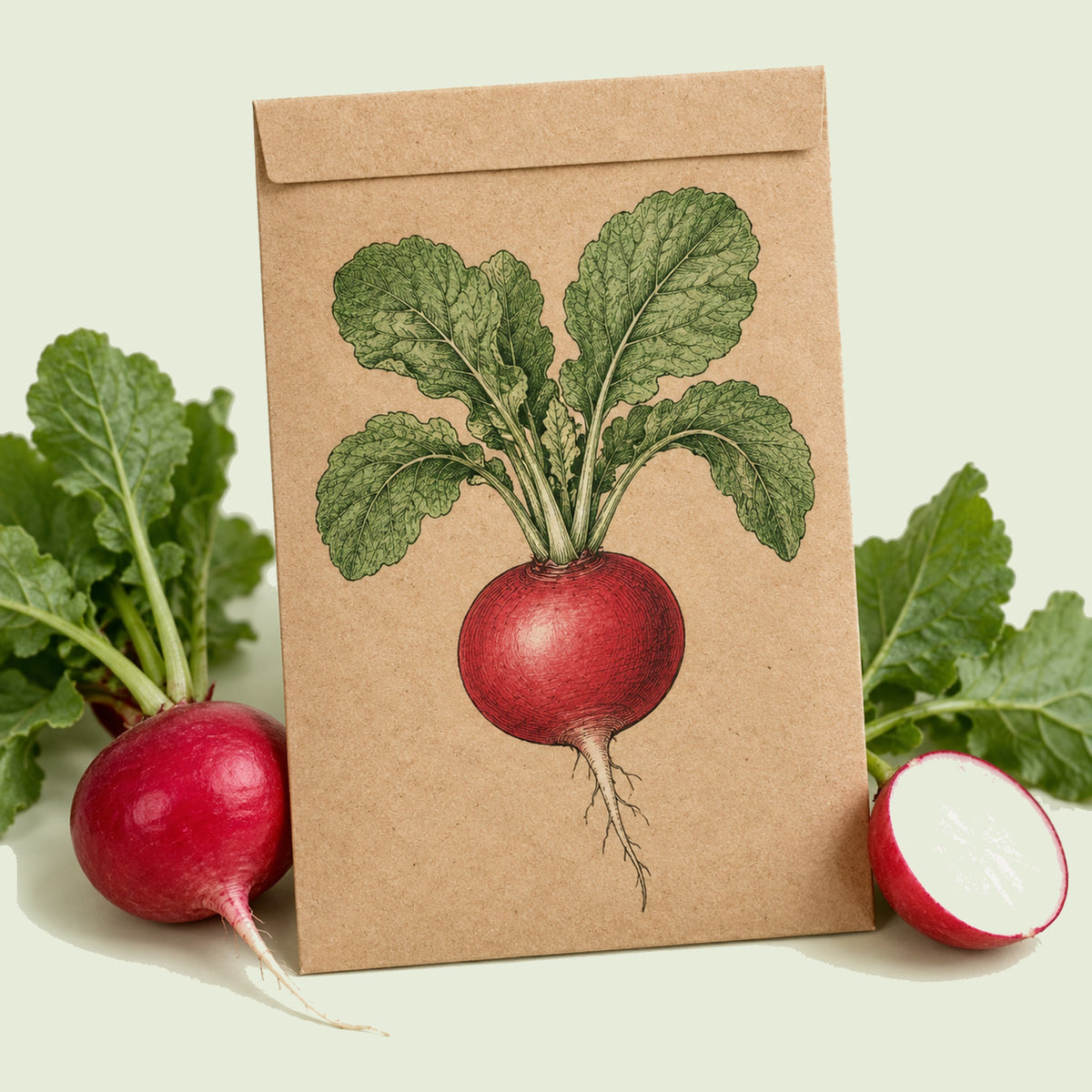Kraft seed packet illustrated with Crimson Giant Radish, with fresh Crimson Giant Radish beside it