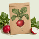 Kraft seed packet illustrated with Crimson Giant Radish, with fresh Crimson Giant Radish beside it