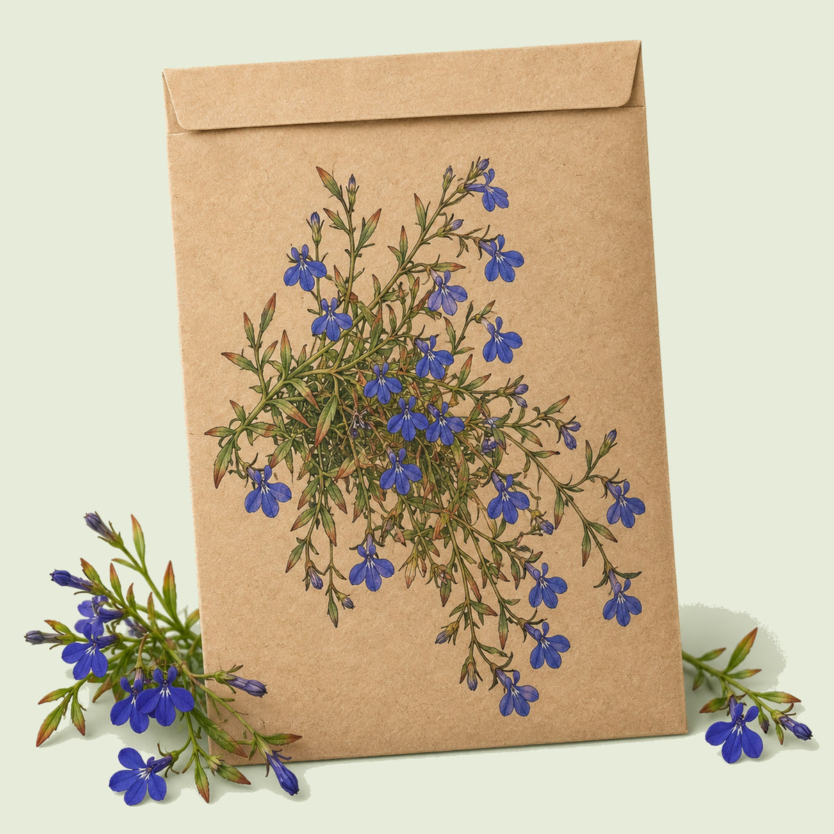 Kraft seed packet illustrated with Crystal Palace Lobelia, with fresh Crystal Palace Lobelia beside it