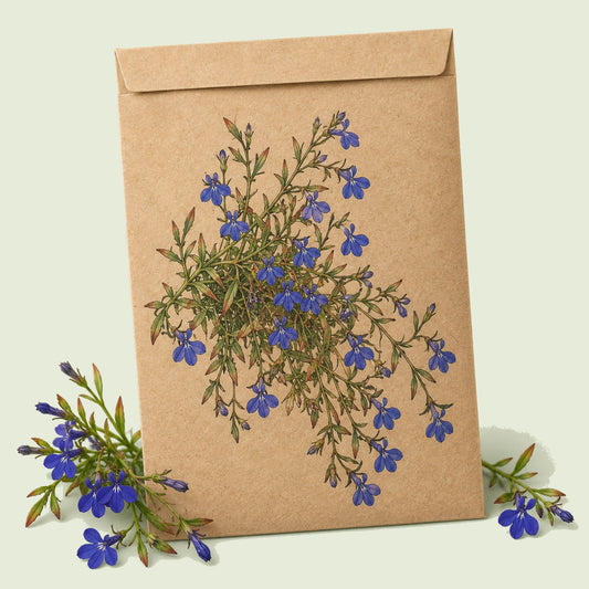 Kraft seed packet illustrated with Crystal Palace Lobelia, with fresh Crystal Palace Lobelia beside it