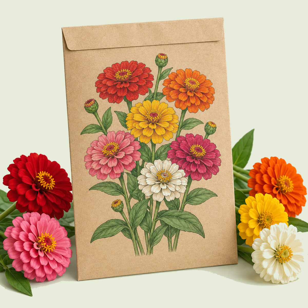 Kraft seed packet illustrated with Cut And Come Again Zinnia Flower, with fresh Cut And Come Again Zinnia Flower beside it