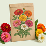 Kraft seed packet illustrated with Cut And Come Again Zinnia Flower, with fresh Cut And Come Again Zinnia Flower beside it
