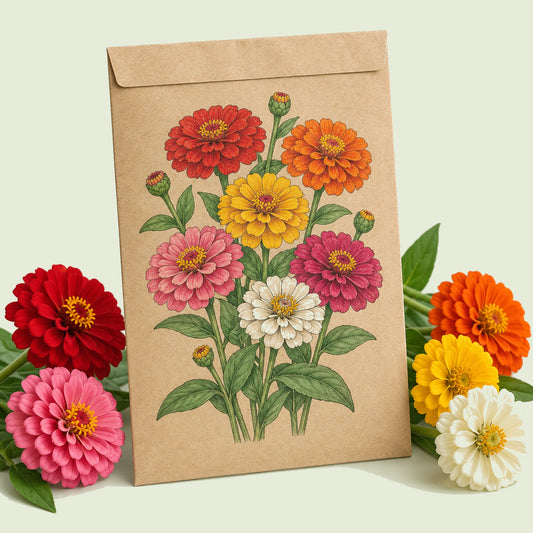 Kraft seed packet illustrated with Cut And Come Again Zinnia Flower, with fresh Cut And Come Again Zinnia Flower beside it