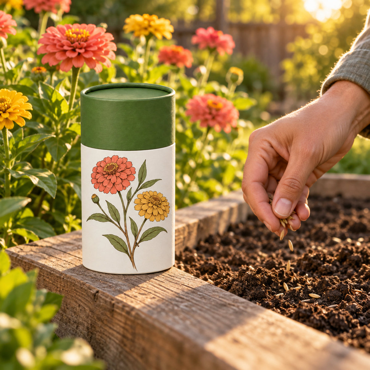 Cut and Come Again Zinnia Seed Shaker in use in a home garden