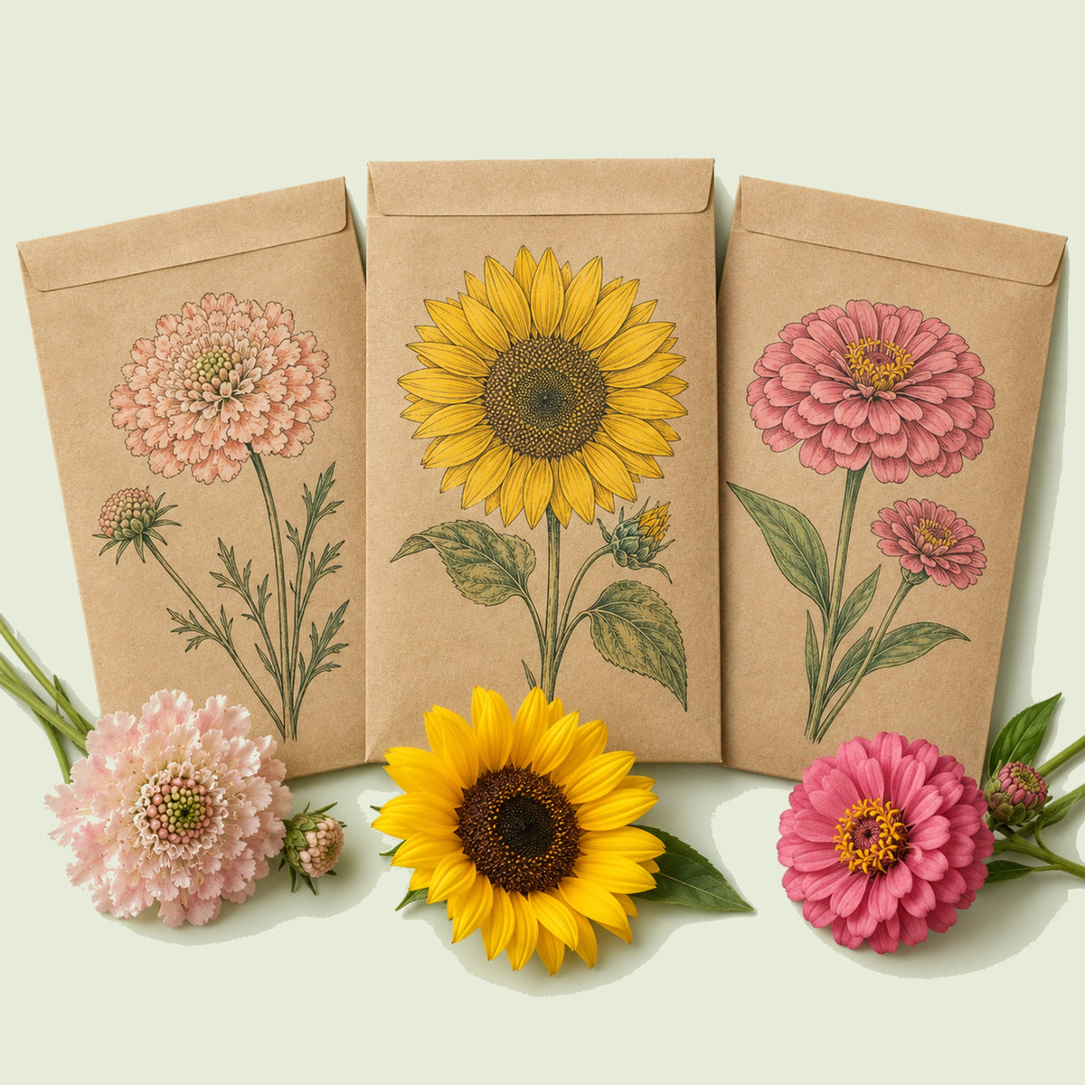 Kraft seed packet illustrated with Cut Flower Seed Bundle, with fresh Cut Flower Seed Bundle beside it