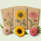 Kraft seed packet illustrated with Cut Flower Seed Bundle, with fresh Cut Flower Seed Bundle beside it
