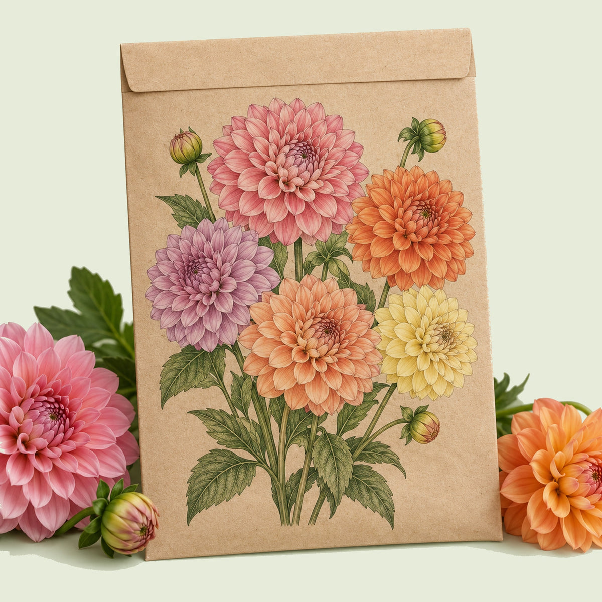 Kraft seed packet illustrated with Dahlia, with fresh Dahlia beside it