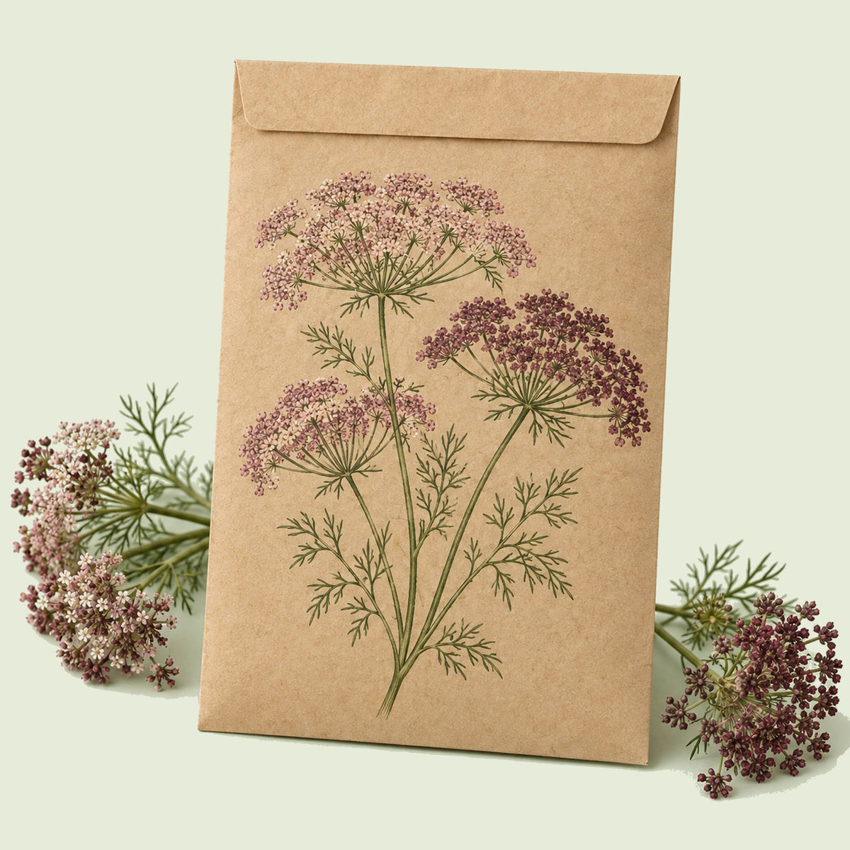 Kraft seed packet illustrated with Dara Ammi, with fresh Dara Ammi beside it