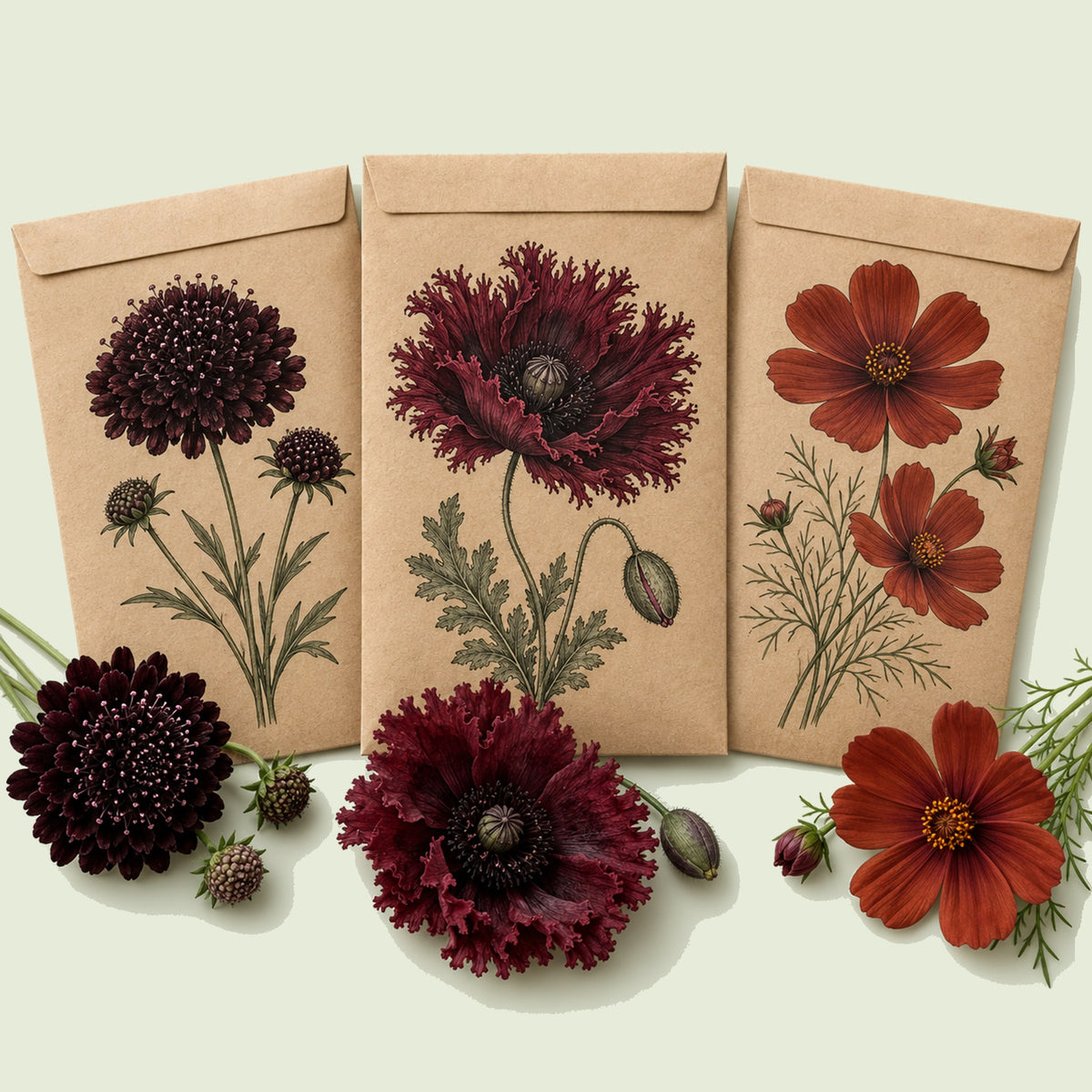Kraft seed packet illustrated with Dark Flower Garden Seed Bundle, with fresh Dark Flower Garden Seed Bundle beside it