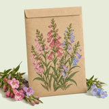 Kraft seed packet illustrated with Dazzler Blend Penstemon, with fresh Dazzler Blend Penstemon beside it